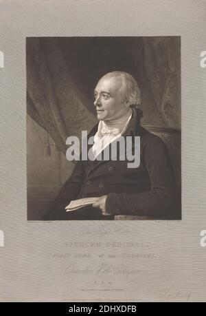 The Right Honourable Spencer Perceval, Charles Turner, 1774–1857, British, After George Francis Joseph, 1764–1846, Irish, 1812, Mezzotint e incisione in acciaio su carta di spessore moderato, leggermente testurizzata, crema, wove, foglio: 19 3/16 × 13 1/8 pollici (48.7 × 33.3 cm) e immagine: 11 5/8 × 9 3/4 pollici (29.5 × 24.8 cm Foto Stock