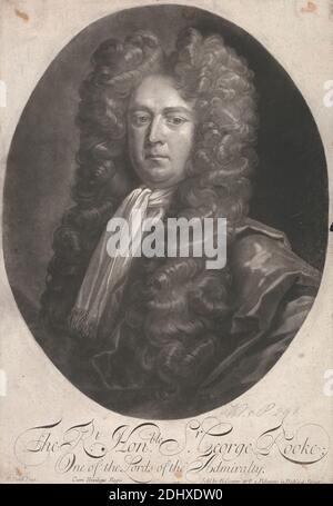 The Right Honourable Sir George Rooke, Edward Cooper, (?), attivo 1682 – morto 1725, britannico, dopo Michael Dahl, 1656–1743, svedese, attivo in Gran Bretagna (dal 1682), non satinato, Mezzotint su medio, leggermente testurizzato, crema, carta depresso, foglio: 12 3/16 × 8 3/8 pollici (31 × 21.3 cm) e immagine: 10 3/8 × 8 1/8 pollici (26.4 × 20.6 cm Foto Stock