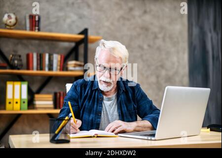 Uomo anziano che usa un computer portatile per studiare, lavorare Foto Stock