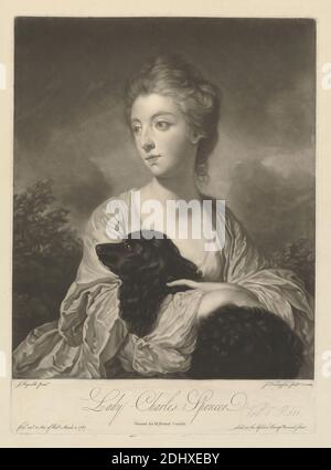 Lady Charles Spencer, John Finlayson, 1730–1776, British, dopo Sir Joshua Reynolds RA, 1723–1792, British, 1767, Mezzotint su carta media, moderatamente testurizzata, crema, carta depresso, foglio: 16 3/8 × 31 cm (× 12 3/16 41.6 pollici), piatto: 14 15/16 × 10 15/16 cm (37.9 × 27.8 cm) e immagine: 13 × 10 7/8 pollici (33 × 27.6 cm), cane (animale), ritratto Foto Stock