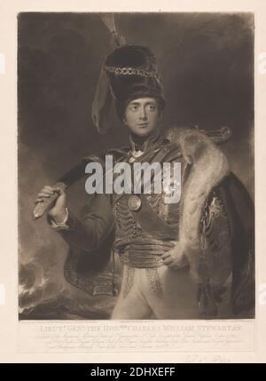 Tenente generale, l'onorevole Charles William Stewart, K.B., Henry Hoppner Meyer, ca. 1782–1847, britannico, dopo Sir Thomas Lawrence, 1769–1830, britannico, 1814, Mezzotint su carta media, leggermente testurizzata, crema, carta defatta, foglio: 21 3/8 × 15 15/16 pollici (54.3 × 40.5 cm), piatto: 19 7/8 × 13 7/8 pollici (50.5 × 35.2 cm), e immagine: 18 × 13 7/8 pollici (45.7 × 35.2 cm Foto Stock