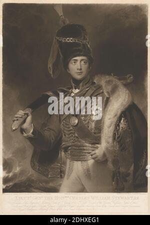 Onorouble Charles William Steward Vane, 3° Marchese di Londonderry, Henry Hoppner Meyer, ca. 1782–1847, britannico, dopo Sir Thomas Lawrence, 1769–1830, britannico, 1814, Mezzotint su carta leggermente spessa, moderatamente testurizzata, beige, carta depresso, foglio: 20 3/4 × 14 11/16 pollici (52.7 × 37.3 cm), piatto: 20 × 14 pollici (50.8 × 35.6 cm), e immagine: 18 1/16 × 13 15/16 pollici (45.9 × 35.4 cm Foto Stock