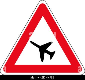 attenzione segnale stradale di aereo basso volo oltre la strada di avvertimento immagine vettoriale isolata su sfondo bianco simbolo di traffico nero piano in rosso tri Illustrazione Vettoriale