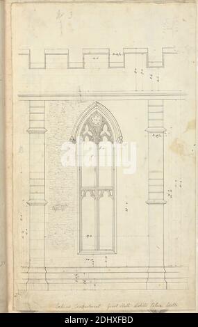 Palazzo Vescovile, Wells, Somerset: Elevazione della Grande Sala, Augustus Welby Northmore Pugin, 1812–1852, British, Studio di Augustus Charles Pugin, 1762–1832, francese, non ondeggiato, penna e inchiostro nero, grigio e violetto con grafite su carta media, liscia, crema di wove, foglio: 15 1/8 x 9 pollici (38.4 x 22.9 cm), soggetto architettonico, esterno, gotico (medievale), grandi sale, palazzo, pietra, finestre, pozzi Foto Stock