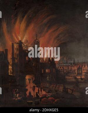 Il Grande incendio di Londra, con Ludgate e Old St. Paul, artista sconosciuto, XVII secolo, ca. 1670, olio su tela, supporto (PTG): 53 x 43 5/8 pollici (134.6 x 110.8 cm), edifici, chiesa, città, paesaggio urbano, istituzione correttzionale, fuoco, fiamme, soggetto storico, persone, portullis, prigione, fiume, fumo, Inghilterra, Europa, Londra, Ludgate, Cattedrale di San Paolo, Tamigi, Regno Unito Foto Stock
