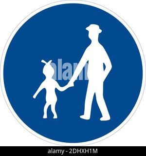 Segnale stradale di comando. Sentiero pedonale, sentiero, segnaletica stradale, icona vettoriale. Pulsante cerchio blu. Silhouette bianca delle persone. Illustrazione Vettoriale