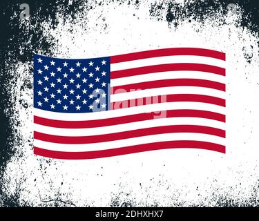Illustrazione vettoriale di una bandiera americana ondulata su sfondo grunge. Bandiera degli Stati Uniti. Illustrazione Vettoriale