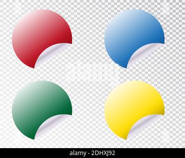 Adesivi rotondi con bordo arricciato in diverse varianti di colori isolati su sfondo trasparente. Illustrazione Vettoriale