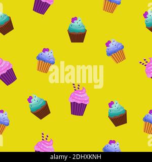 modello senza cuciture con cibo multicolore muffin dolci cupcake con crema e cuori su sfondo giallo Illustrazione Vettoriale