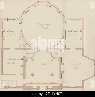 Casa non identificata per Giles Hudson, Putney, Surrey: Piano terra, William Wickham, nato ca.1750, inglese, non satinato, grafite, penna e inchiostro nero e marrone, acquerello su carta moderatamente testurizzata, moderatamente spessa, crema, foglio: 10 1/4 × 10 1/2 pollici (26 × 26.7 cm), soggetto architettonico Foto Stock