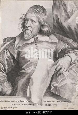 Celeberrimus Vir Inigo Jones Præfectus Architecturæ Magnæ Brittaniæ Regis etc., Robert van Voerst, 1597–1636, olandese, attivo in Gran Bretagna (dal 1627), dopo Sir Anthony Van Dyck, 1599–1641, fiammingo, attivo in Gran Bretagna (1620–21; 1632–34; 1635–41), ca. 1635, incisione della linea, incisione e incisione con impresso su carta media, leggermente testurizzata, bianca dorata, su carta depresso, montata su, moderatamente spessa, moderatamente testurizzata, crema, carta depresso, montaggio: 15 1/2 × 10 3/16 pollici (39.4 × 25.9 cm), foglio: 9 1/2 × 6 7/8 pollici (24.1 × 17.5 cm), e immagine: 9 1/8 × 6 13/16 pollici (23.2 × 17.3 cm), architetto, barba, uomo Foto Stock