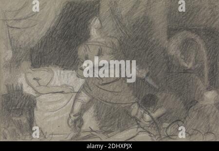 The Murder of Duncan - Macbeth with the Daggers, Benjamin Robert Haydon, 1786–1846, inglese, tra il 1809 e il 1811, grafite, gesso nero e gesso bianco su carta di spessore moderato, testurizzata moderatamente, grigia, wove, foglio: 5 11/16 × 8 5/8 pollici (14.4 × 21.9 cm), attacco, letto, pugnali, tendaggi, studio di figura, guardie, re (persona), tema letterario, uomini, omicidio, opere di William Shakespeare, ombre, sonno, la tragedia di Macbeth Foto Stock