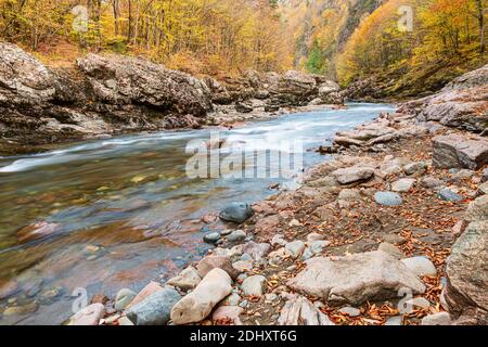 Belaya fiume sul fondo di un burrone profondo, canyon, nella Repubblica di Adygea in Russia Foto Stock