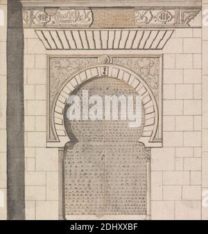 Cancelli dell'Alhambra: Puerta de los Siete Suelos, Henry Swinburne, 1743–1803, British, da 1775 a 1776, inchiostro penna e marrone, inchiostro nero, lavaggio grigio, lavaggio nero e grafite su terreno, moderatamente testurizzato, crema, carta posata, montata su carta moderatamente spessa, moderatamente testurizzata, crema, carta wove, supporto: 16 5/16 × 11 3/16 pollici (41.4 × 28.4 cm) e foglio: 5 3/4 × 5 1/2 pollici (14.6 × 14 cm Foto Stock