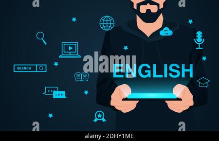 Imparare l'inglese con il concetto di nuova tecnologia. Vettore di un uomo che tiene un computer tablet Illustrazione Vettoriale