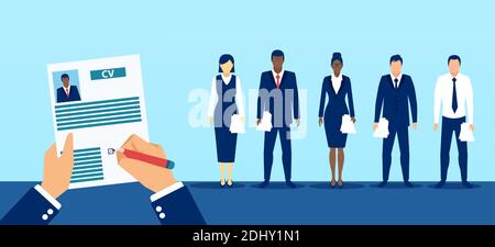 Vettore di un selezionatore di uomo d'affari che fa una scelta del candidato a. un colloquio di lavoro Illustrazione Vettoriale