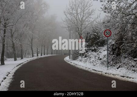 Pericoloso tratto di strada su una mattina invernale nebbiosa. Foto Stock