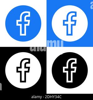 Logo Facebook - Vector Set Collection - Black Silhouette Shape - Original Latest Blue Color - isolato. F icona per pagina Web, applicazione mobile o Stampa. Illustrazione Vettoriale