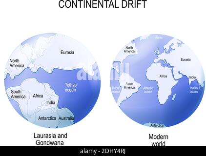 Deriva continentale. Laurasia e Gondwana. Diagramma vettoriale per uso educativo e scientifico Illustrazione Vettoriale