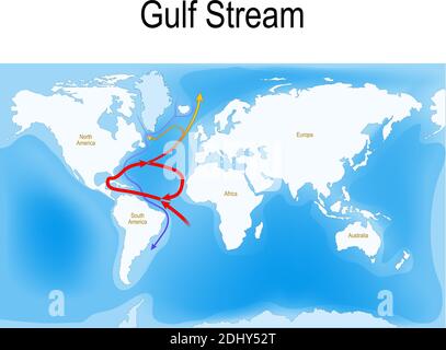 Il flusso del Golfo è una corrente calda e veloce dell'oceano Atlantico che ha origine nel Golfo del Messico. Rosso - correnti di superficie calde Illustrazione Vettoriale