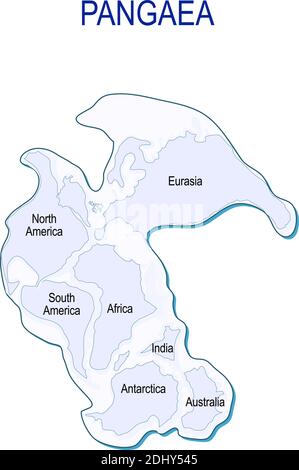 Mappa di Pangaea con moderni confini continentali. Deriva continentale sul pianeta Terra milioni di anni fa. Illustrazione vettoriale per uso educativo Illustrazione Vettoriale