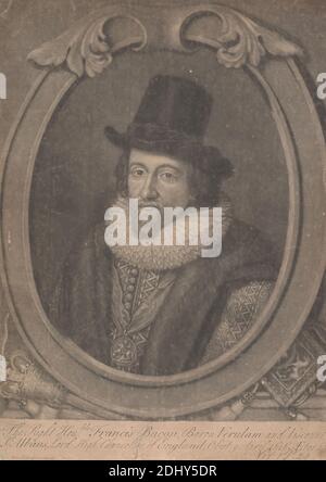 Sir Francis Bacon, 1 ° Visconte St. Alban, artista sconosciuto, dopo Cornelius Johnson, 1593–1661, britannico, non satinato, Mezzotint su medio, leggermente testurizzato, beige, carta posata, foglio: 14 × 10 pollici (35.6 × 25.4 cm) e immagine: 12 3/4 × 10 pollici (32.4 × 25.4 cm Foto Stock