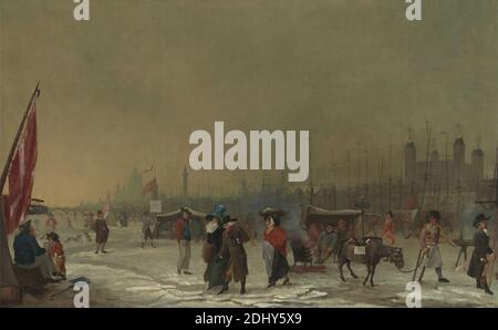 Frost on the Thames, Samuel Collings, Active 1784–1795, British, 1788 to 1789, Oil on Canvas, Support (PTG): 30 3/16 x 122.4 cm (48 3/16 x 76.7 pollici), pubblicità, barche, cabine, mostra, braziers (riscaldamento), cattedrale, bambini, chiesa, paesaggio urbano, costume, asino, fiera, fuoco, bandiere, gelo, genere, hotel, ghiaccio, mercato (evento), Alberi, alberi, uomini, monumento, persone, fiume, vendita, pala, insegne, neve, personale (bastone), stand, torre (edificio divisione), a piedi, inverno, donne, Inghilterra, Londra, Cattedrale di St. Paul, Tamigi, Torre di Londra, Regno Unito Foto Stock