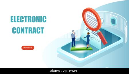Contratto elettronico e firma digitale. Vettore di persone commerciali che firmano online e-contratto documento Illustrazione Vettoriale