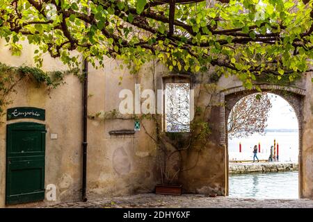 Punta San Vigilio forma una penisola che chiude a nord-ovest il Golfo di Garda. In questa piccola prominenza ci sono una villa, una chiesa, un i storico Foto Stock