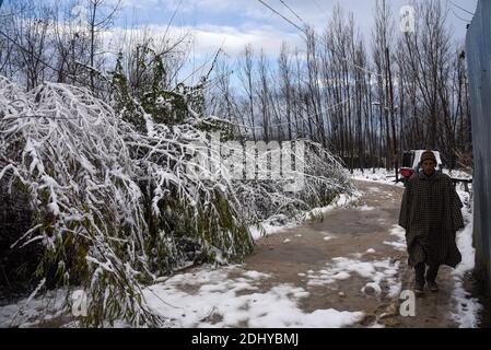 Un uomo cammina su strade innevate dopo un primo incantesimo di nevicate a Srinagar.la prima nevicata della stagione ha schiacciato le pianure della Valle del Kashmir, mentre le vette più alte di Jammu e Kashmir hanno ricevuto una forte nevicata. Tutte le principali autostrade, tra cui la Srinagar-Jammu, Srinagar-Leh e la Mughal Road, sono chiuse per il traffico a seguito di forti nevicate, ha detto i funzionari. Foto Stock