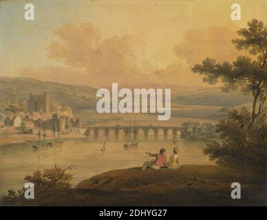 Rochester, Edward dayes, 1763–1804, British, 1799, olio su tela, supporto (PTG): 9 7/8 x 12 13/16 pollici (25.1 x 32.5 cm), barche, ponte (lavori costruiti), edifici, castello, cattedrale, costume, gesto, colline, paesaggio, luce, amanti, uomo, persone, fiume, navi, città, villaggio, donna, Inghilterra, Europa, Kent, Medway, Rochester, Regno Unito, Castello, Rochester, Regno Unito Foto Stock