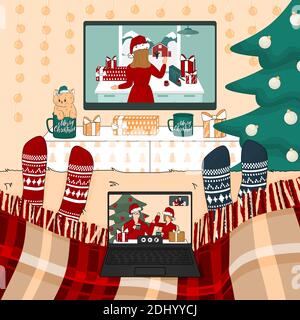Videochiama con i tuoi amici in camera da letto con il computer portatile. Due persone stanno guardando i film di Capodanno sul letto sotto il plaid rosso di Natale Illustrazione Vettoriale