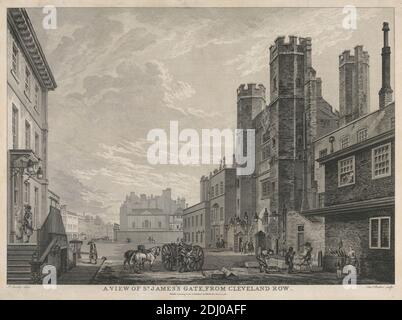 A View of St. James's Gate, from Cleveland Row, Edward Rooker, 1724–1774, British, After Paul Sandby RA, 1731–1809, British, 1766, Engraving Foto Stock