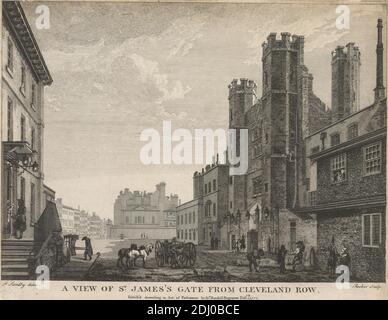 A View of St. James's Gate from Cleveland Row, Edward Rooker, 1724–1774, British, After Paul Sandby RA, 1731–1809, British, 1777, Engraving Foto Stock