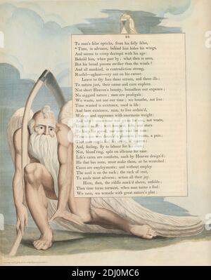 Young's Night Thoughts, pagina 24, 'Time, in Advance, Behind His Wings', Stampa di William Blake, 1757–1827, British, 1797, incisione e incisione con acquerello su carta di wove crema di spessore moderato, leggermente testurizzata, spina: 17 1/2 pollici (44.5 cm), foglio: 16 1/2 x 12 7/8 pollici (41.9 x 32.7 cm), e piatto: 15 3/4 x 12 7/8 pollici (40 x 32.7 cm), angelo, barba, nuvole, abito, clessidra, tema letterario, uomo, uomo, soggetto religioso e mitologico, testo, tempo, donne Foto Stock