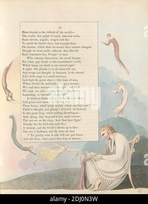 Young's Night Thoughts, pagina 31, ''Tis grandemente Wise to Talk with our Past Hours', Stampa fatta da William Blake, 1757–1827, British, 1797, incisione e incisione con acquerello su carta di wove crema di spessore moderato, leggermente testurizzata, spina: 17 1/2 pollici (44.5 cm), foglio: 16 1/2 x 12 7/8 pollici (41.9 x 32.7 cm), e piatto: 16 1/8 x 12 3/4 pollici (41 x 32.4 cm), sedia, tema letterario, uomini, carta, soggetto religioso e mitologico, rotoli, seduta, seduta, testo, donne Foto Stock