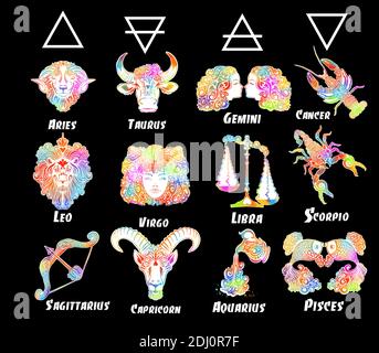Una serie di segni zodiacali. Stampa T-shirt. Simbolo del tatuaggio. Supporti misti. Oggetti multicolore. Illustrazione vettoriale Illustrazione Vettoriale