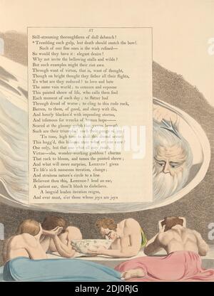 Young's Night Thoughts, pagina 57, 'Trembling Each Gulp, Lest Death Should Snatch the Bowl', Stampa realizzata da William Blake, 1757–1827, inglese, 1797, incisione e incisione con acquerello su carta di color crema leggermente spessa, spine: 17 1/2 pollici (44.5 cm), foglio: 16 3/4 x 12 3/4 pollici (42.5 x 32.4 cm), e piatto: 16 x 12 5/8 pollici (40.6 x 32.1 cm), barba, ciotola, bere, cibo, tema letterario, uomini, lutto, soggetto religioso e mitologico, tavolo, testo, donne Foto Stock