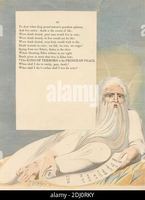 Young's Night Thoughts, pagina 63, 'questo Re dei terrori è il Principe della Pace', Stampa fatta da William Blake, 1757–1827, British, 1797, incisione e incisione con acquerello su carta di wove crema di spessore moderato, leggermente testurizzata, spina: 17 1/2 pollici (44.5 cm), foglio: 16 3/4 x 12 1/2 pollici (42.5 x 31.8 cm), e piatto: 16 1/4 x 12 1/2 pollici (41.3 x 31.8 cm), barba, tema letterario, uomo, carta, soggetto religioso e mitologico, scroll (artefatto informativo), testo Foto Stock