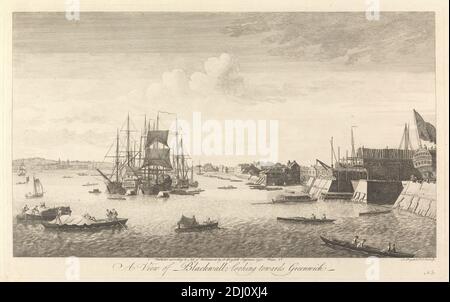 A View of Blackwall guardando verso Greenwich, John Boydell, 1720–1804, britannico, dopo John Boydell, 1720–1804, inglese, 1750, Engraving Foto Stock