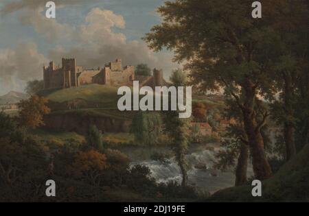 Ludlow Castle con Dinham Weir, dal Sud-Ovest, Samuel Scott, 1701/2–1772, British, 1765 al 1769, Oil on Canvas, Support (PTG): 28 3/8 x 42 13/16 pollici (72.1 x 108.7 cm), soggetto architettonico, edifici, castello, colline, case, paesaggio, uomo, fiume, fumo, cascata, weir, weirs, Inghilterra, Ludlow, Shropshire, Teme, Regno Unito Foto Stock