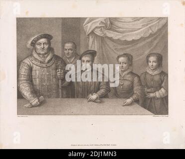 Re Enrico VIII con volontà Sommers, Edoardo VI, Maria i, ed Elisabetta i, Francesco Bartolozzi RA, 1728–1815, italiano, attivo in Gran Bretagna (1764–99), dopo Hans Holbein il giovane, ca. 1497–1543, tedesco, attivo in Svizzera e Inghilterra, 1800, incisione Foto Stock
