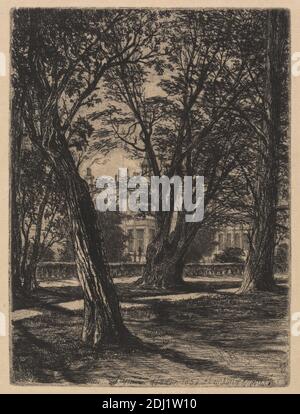 Kensington Gardens, no 1 (piatto piccolo), Francis Seymour Haden, 1818–1910, inglese, 1859, incisione e punto secco, con tono su carta asiatica media, liscia, crema, foglio: 8 1/8 x 5 13/16 pollici (20.6 x 14.7 cm), piatto: 6 1/4 x 4 5/8 pollici (15.9 x 11.8 cm), e immagine: 6 1/4 x 4 5/8 pollici (15.9 x 11.8 cm), soggetto architettonico, edificio, camini, paesaggio urbano, giardino, erba, siepe, casa, paesaggio, prato, palazzo, sentiero, ombre, alberi, torretta, finestre, Inghilterra, Europa, Hyde Park, Kensington, Kensington Gardens, Londra, Regno Unito Foto Stock