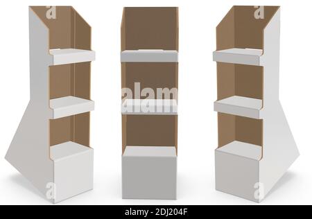 Rendering 3D - immagine ad alta risoluzione pos modello box display da pavimento isolato su sfondo bianco, dettagli di alta qualità del cartone Foto Stock