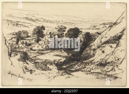 Nine Barrow Down, Francis Seymour Haden, 1818–1910, British, 1877, incisione e punto secco, con tono su piatto medio, leggermente testurizzato, carta crema, foglio: 7 3/4 x 10 3/8in. (19.7 x 26.4cm), piatto: 5 7/8 x 8 13/16 pollici (15 x 22.4 cm), e immagine: 5 7/8 x 8 13/16 pollici (15 x 22.4 cm), edifici, cottage, distanza, gola, gola, colline, paesaggio, brughiera, fiume, rocce (forme di terra), pendio, alberi, valle, Dorset, Inghilterra, Europa, Regno Unito Foto Stock