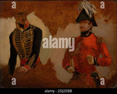 Studi dell'uniforme reale dell'artiglieria del cavallo e di un A.D.C. al comandante in capo: Uno studio per 'la battaglia di Waterloo', George Jones, 1786–1869, British, 1815, Oil on paper, Support (PTG): 11 3/4 x 15 1/4 pollici (29.8 x 38.7 cm), esercito, artiglieria, costume, studio della figura, reale, soldati, studio (lavoro visivo), uniforme, Waterloo, Battaglia di, Waterloo, Belgio, 1815 Foto Stock