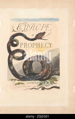 Europa. A Prophecy, Plate 2, Title Page, Print made by William Blake, 1757–1827, British, 1794, Colour-printed relief Etching in marrone scuro con inchiostro nero e penna, olio e acquerello su carta color crema leggermente spessa intata intarsiata a misura, foglio: 14 3/4 x 10 1/2 pollici (37.5 x 26.7 cm), piastra: 9 3/8 x 6 3/4 pollici (23.8 x 17.1 cm), e colonna vertebrale: 15 3/8 pollici (39.1 cm), foglia, piante, soggetto religioso e mitologico, serpente, serpente, testo Foto Stock