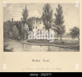 Castello di Hertford, Stampa di J. Francis Bouchelle, attivo 1823, 1823, litografia su carta wove di spessore moderato, leggermente testurizzata, beige, foglio: 10 5/8 x 14 7/16 pollici (27 x 36.7 cm) e immagine: 3 1/4 x 5 1/16 pollici (8.3 x 12.9 cm), soggetto architettonico, architettura, castello, porta, paesaggio, percorso, fiume, strada, alberi, finestre, Inghilterra, Hertford, Castello di Hertford, Hertfordshire, Lea, Regno Unito Foto Stock