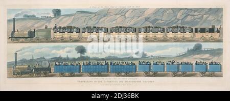 Viaggiare sulla ferrovia di Liverpool & Manchester: Un treno dei Carrriages di prima Classe, con la posta e un treno della seconda Classe per i passeggeri esterni, Plate i (uno di una coppia), S. G. Hughes, attivo 1832, dopo Isaac Shaw, attivo 1830, 1831, Aquatint, colorato a mano, foglio: 9 x 25 poll. (22.9 x 63,5 cm Foto Stock