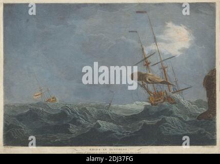 Ships in Distress, Richard Bernard Godfrey, 1728–op.1794, inglese, After Charles Brooking, 1723–1759, inglese, pubblicato da Laurie & Whittle, 1755?–1836, inglese, 1796, incisione a filo con colorazione a mano su carta bianca a grana media, bluta e di spessore moderato, foglio: 12 1/8 x 16 11/16 pollici (30.8 x 42.4 cm), piatto: 11 3/4 x 16 11/16 pollici (29.8 x 42.4 cm), e immagine: 10 3/4 x 16 pollici (27.3 x 40.6 cm), nuvole, bandiere, arte marina, alberi, meteorologia, vele, scienza, mare, navi, tempesta, onde (eventi naturali), vento Foto Stock